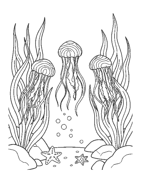 Line drawing of three sea nettle jellyfish with ribbon-like arms drifting among tall kelp