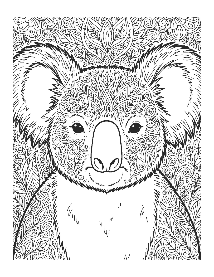 Line drawing close-up of a koala's face with big fluffy ears and a leathery nose