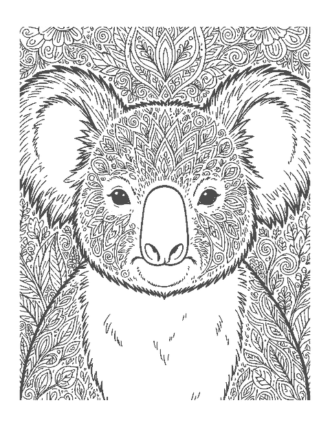 Line drawing close-up of a koala's face with big fluffy ears and a leathery nose