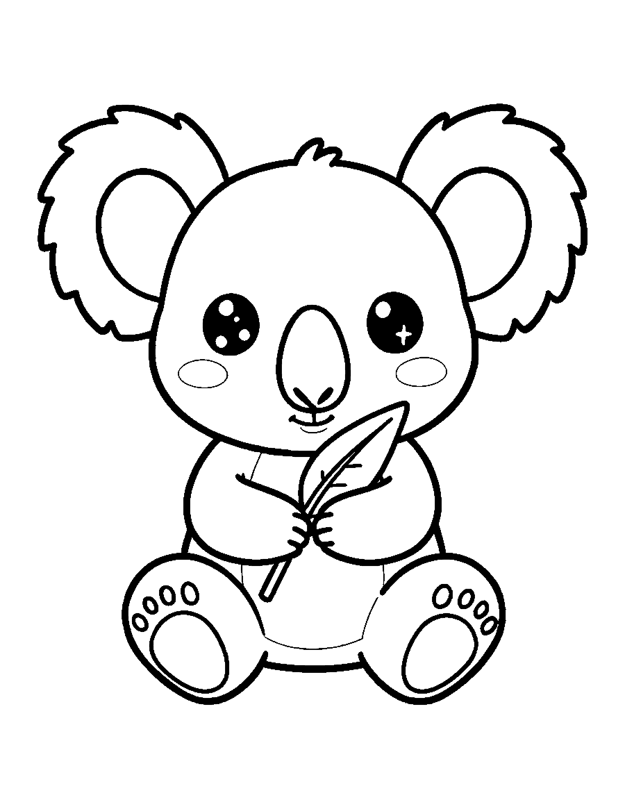 Line drawing of a cute chibi koala sitting and holding a long eucalyptus leaf