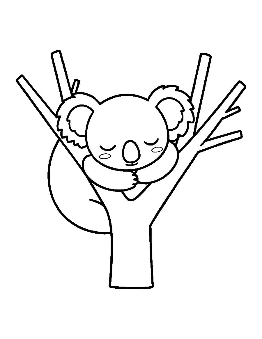 Line drawing of a koala sleeping curled up in the fork of a tree