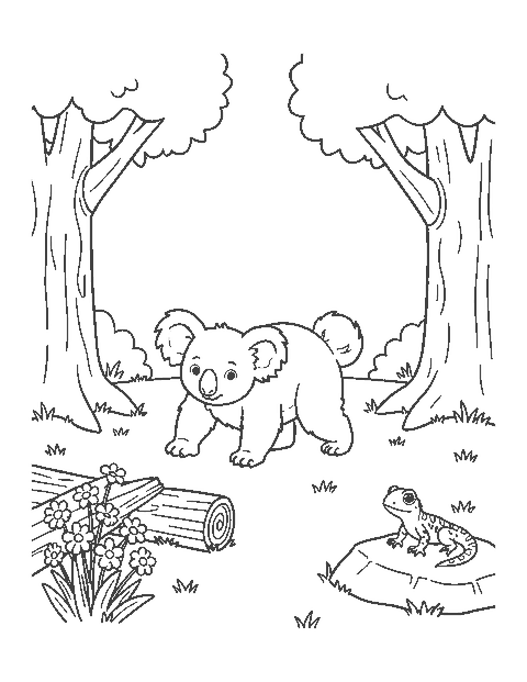 Line drawing of a koala walking across a grassy clearing past a log and wildflowers