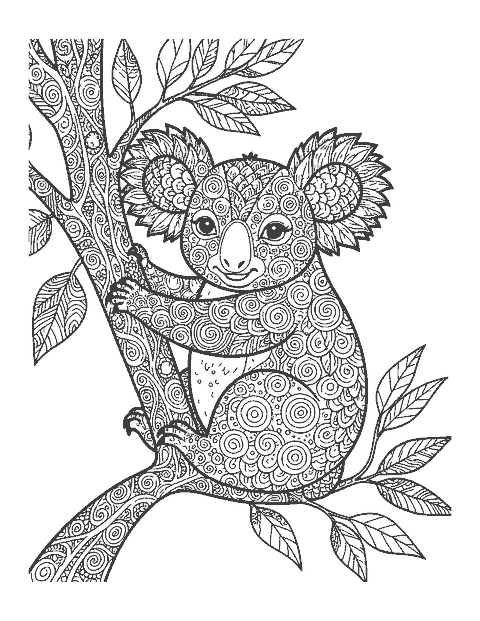 Line drawing of a koala on a branch filled with doodle patterns of leaves and gum nuts