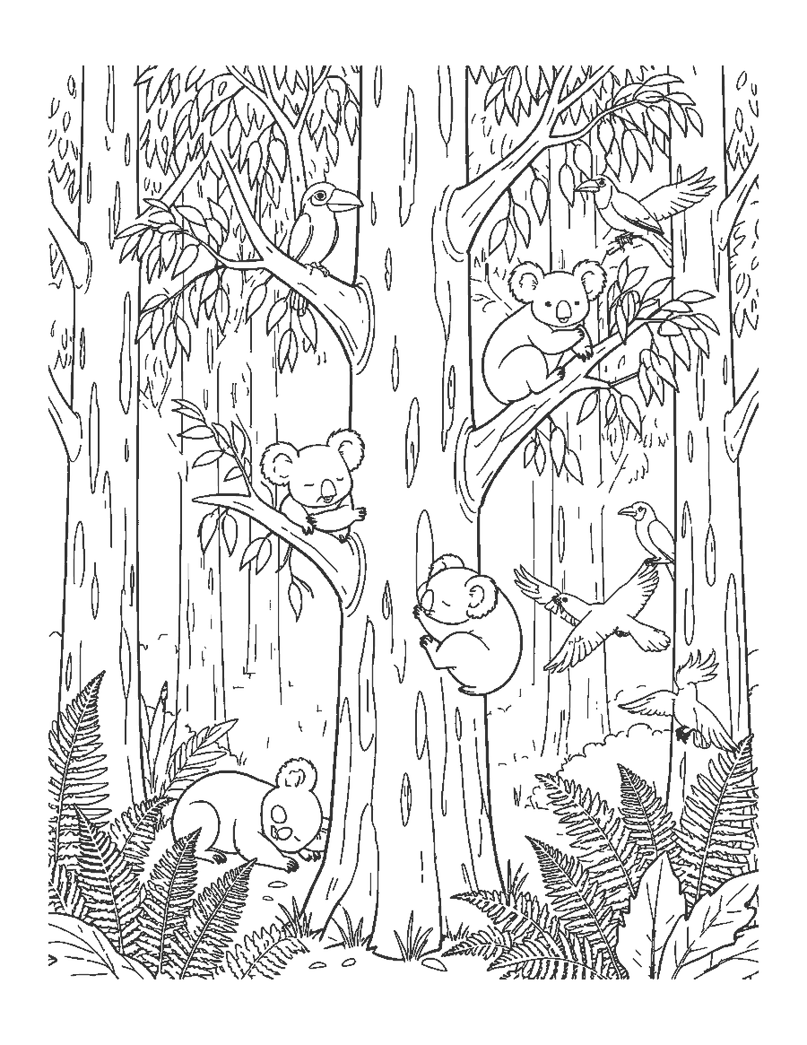 Line drawing of koalas eating, sleeping and climbing in a eucalyptus forest with birds