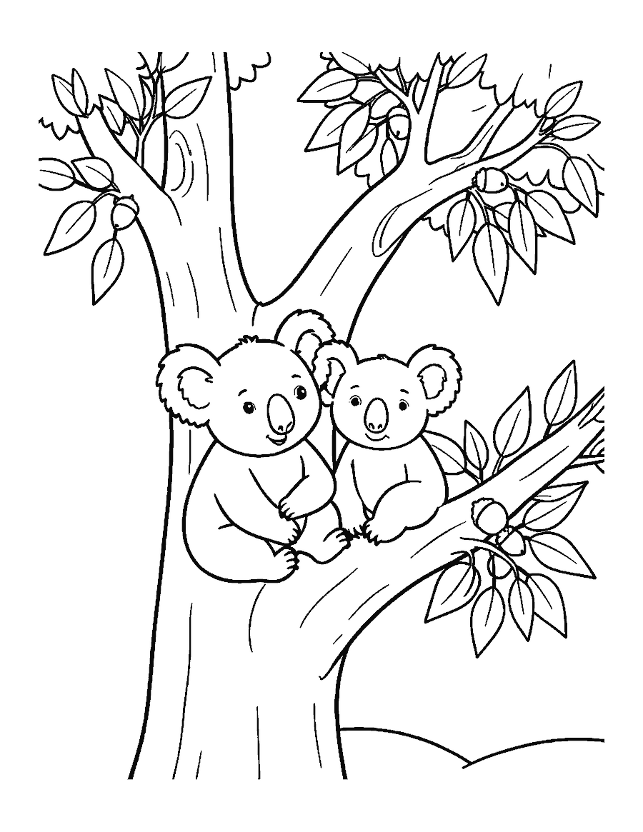 Line drawing of a mother koala and her joey sitting together in a gum tree with eucalyptus leaves