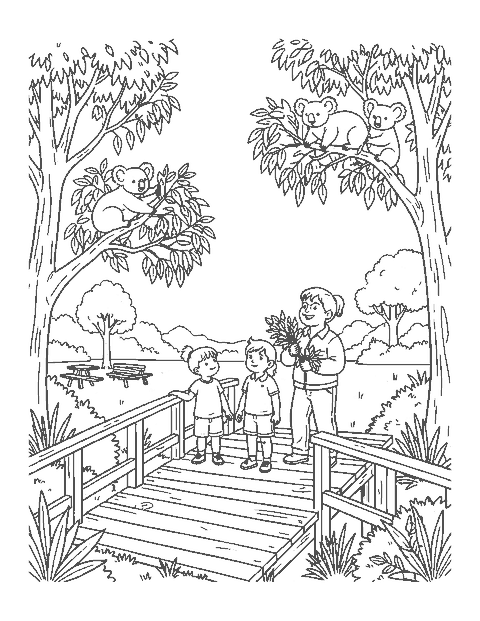 Line drawing of a family on a boardwalk watching koalas in trees at a wildlife sanctuary