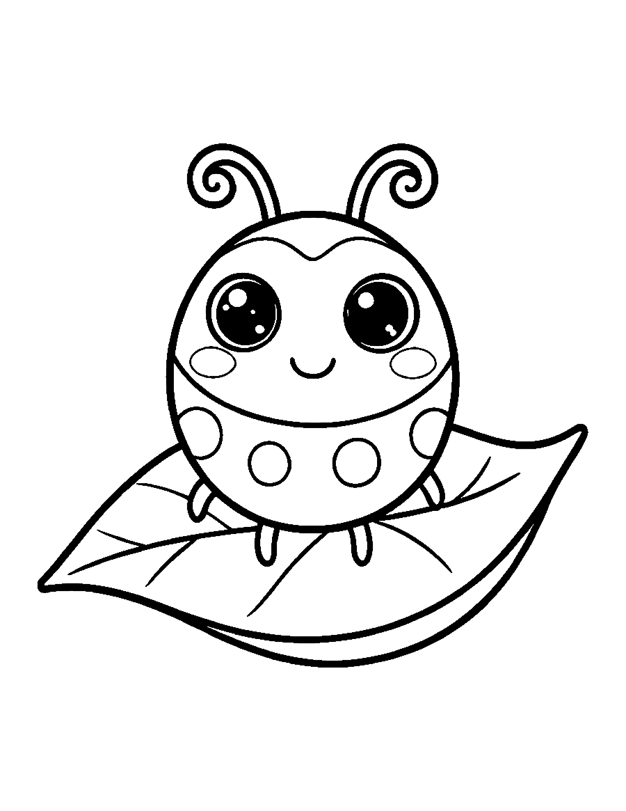 Line drawing of a cute chibi ladybug with big eyes sitting on a leaf