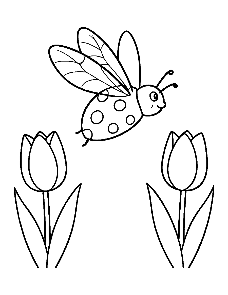 Line drawing of a ladybug flying with its spotted shell open above two tulips