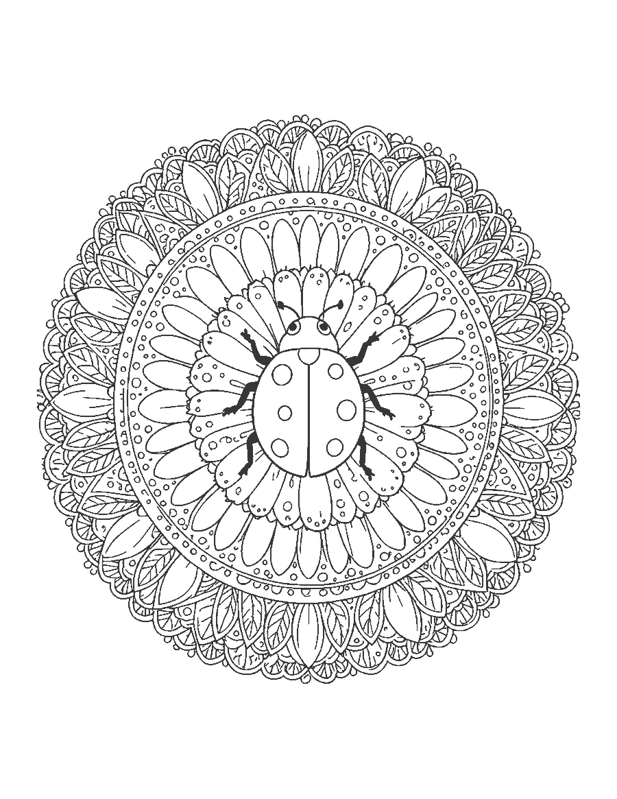 Line drawing of a ladybug at the center of a round mandala of daisies and leaves