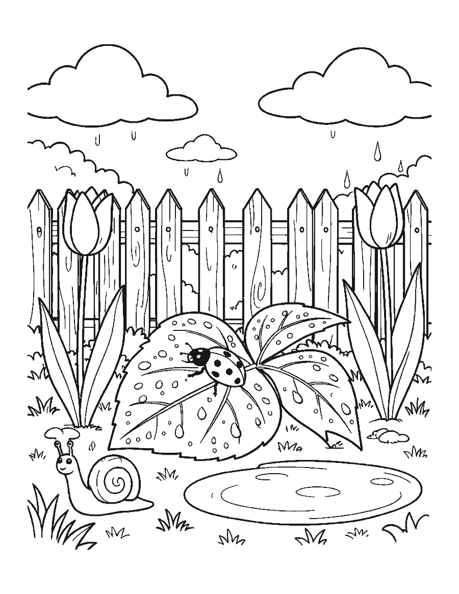 Line drawing of a ladybug on a raindrop-covered leaf in a spring garden with tulips and a snail
