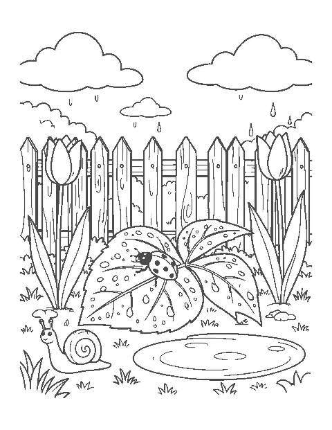 Line drawing of a ladybug on a raindrop-covered leaf in a spring garden with tulips and a snail