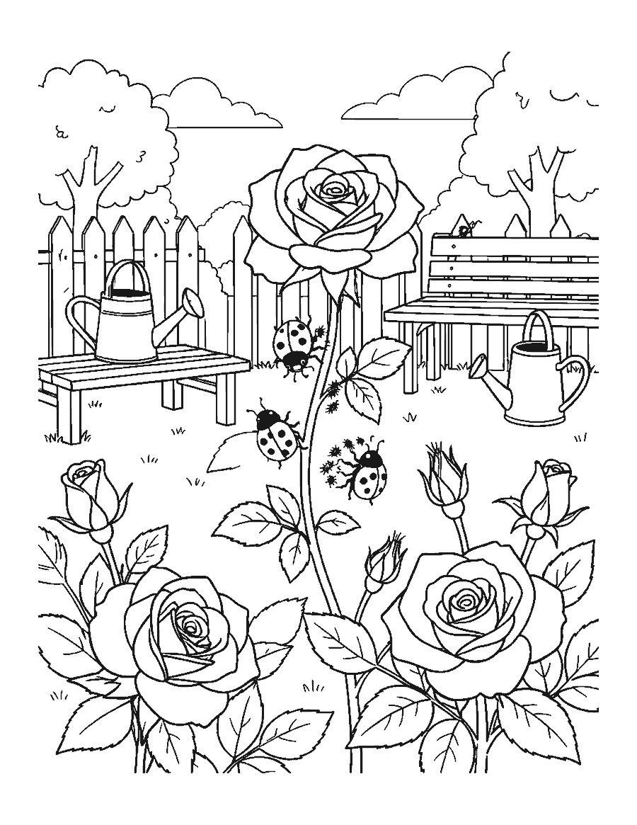 Line drawing of two ladybugs climbing a rose stem toward aphids in a garden