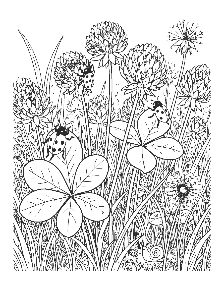Line drawing of two ladybugs climbing stems in a detailed clover meadow with a dandelion