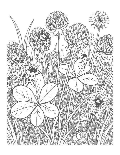 Line drawing of two ladybugs climbing stems in a detailed clover meadow with a dandelion