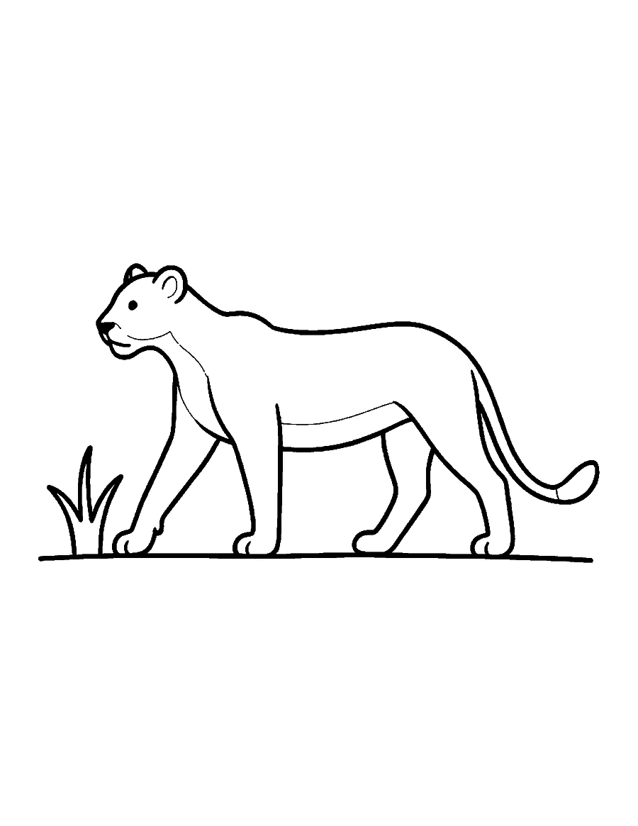 Line drawing of a lioness walking side-on with a long tufted tail