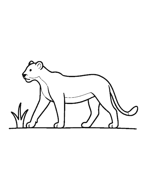 Line drawing of a lioness walking side-on with a long tufted tail