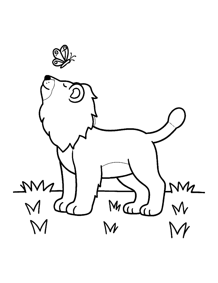 Line drawing of a lion cub reaching a paw up toward a butterfly