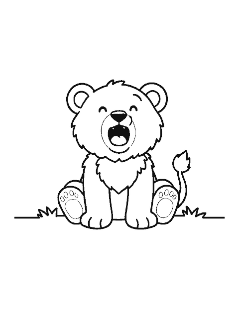 Line drawing of a fluffy lion cub sitting and giving a small roar