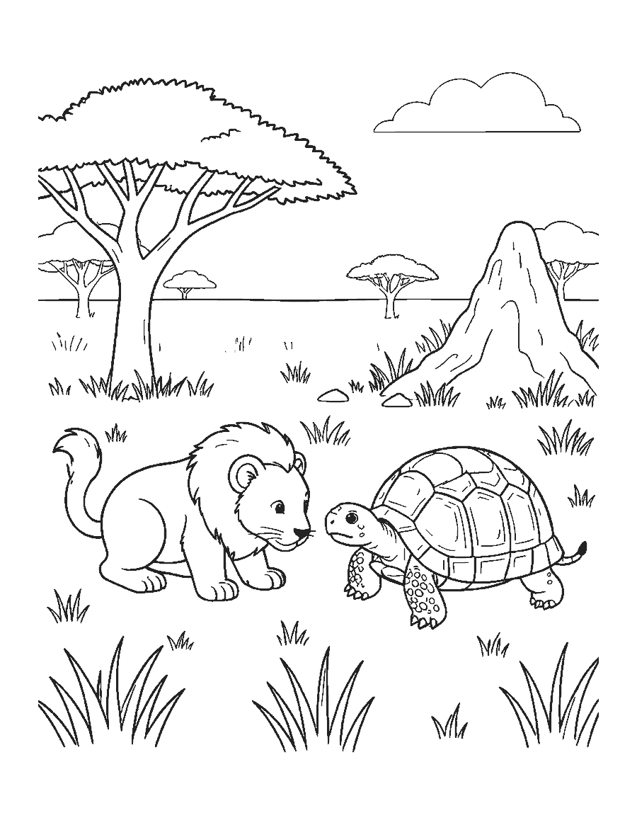 Line drawing of a lion cub sniffing toward a tortoise in savanna grass by an acacia and a termite mound