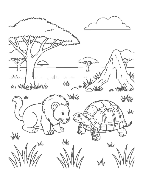 Line drawing of a lion cub sniffing toward a tortoise in savanna grass by an acacia and a termite mound