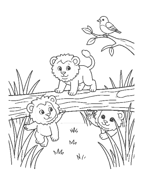 Line drawing of three lion cubs climbing and playing on a fallen log