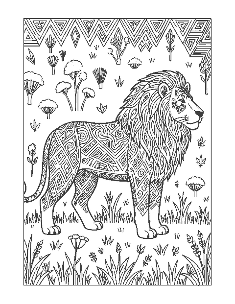 Line drawing of a standing lion inside a border of triangles, zigzags and acacia shapes