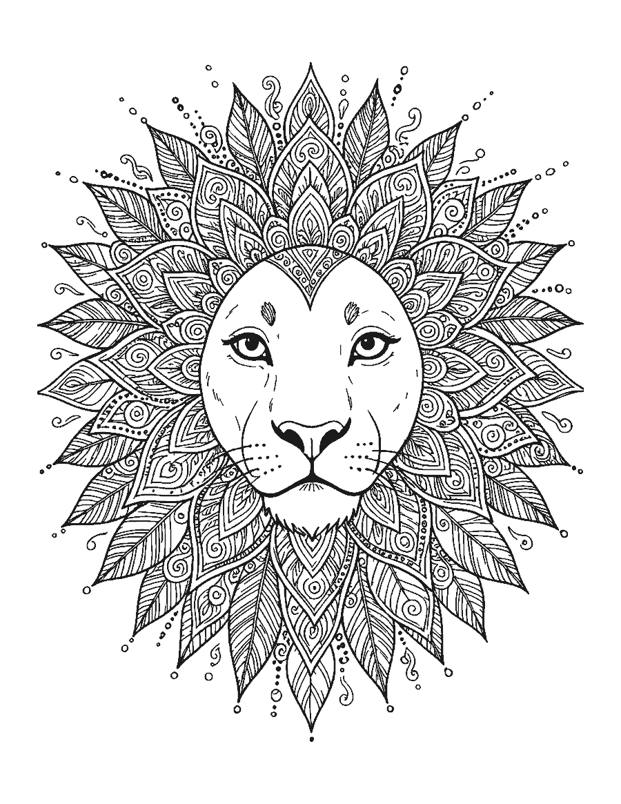 Line drawing of a lion's face with its mane made of mandala patterns radiating outward