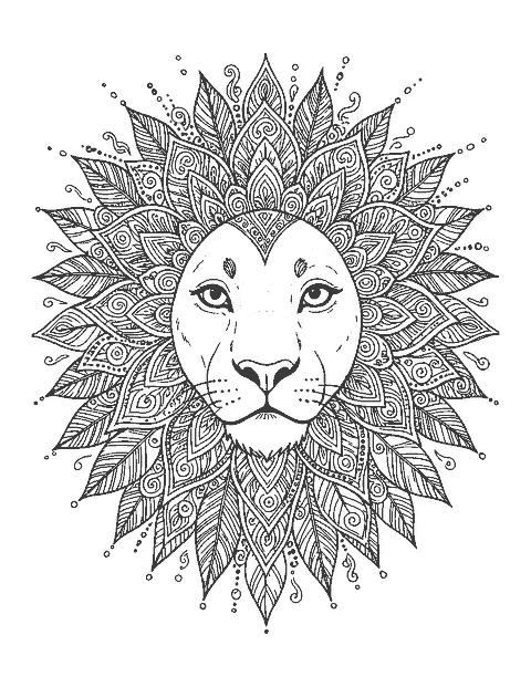 Line drawing of a lion's face with its mane made of mandala patterns radiating outward