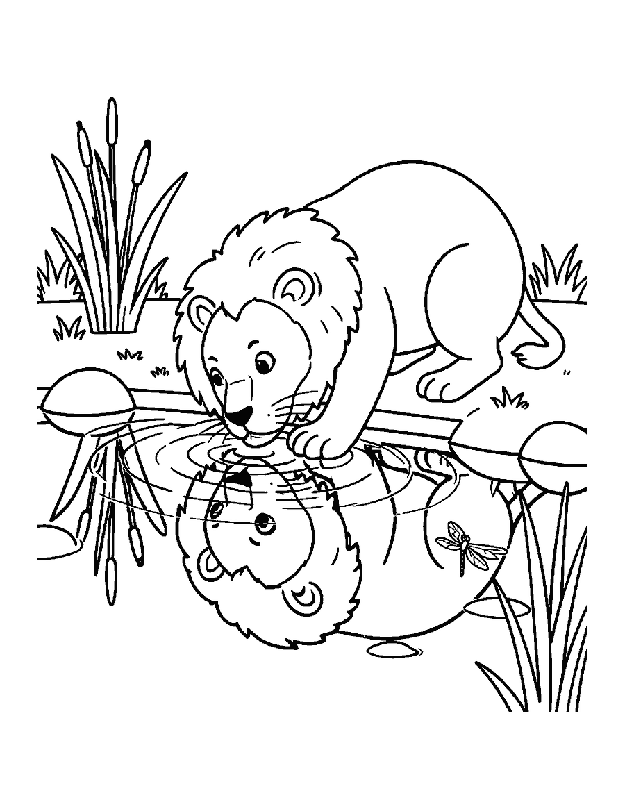 Line drawing of a lion crouched and drinking from a pond with its reflection in the water