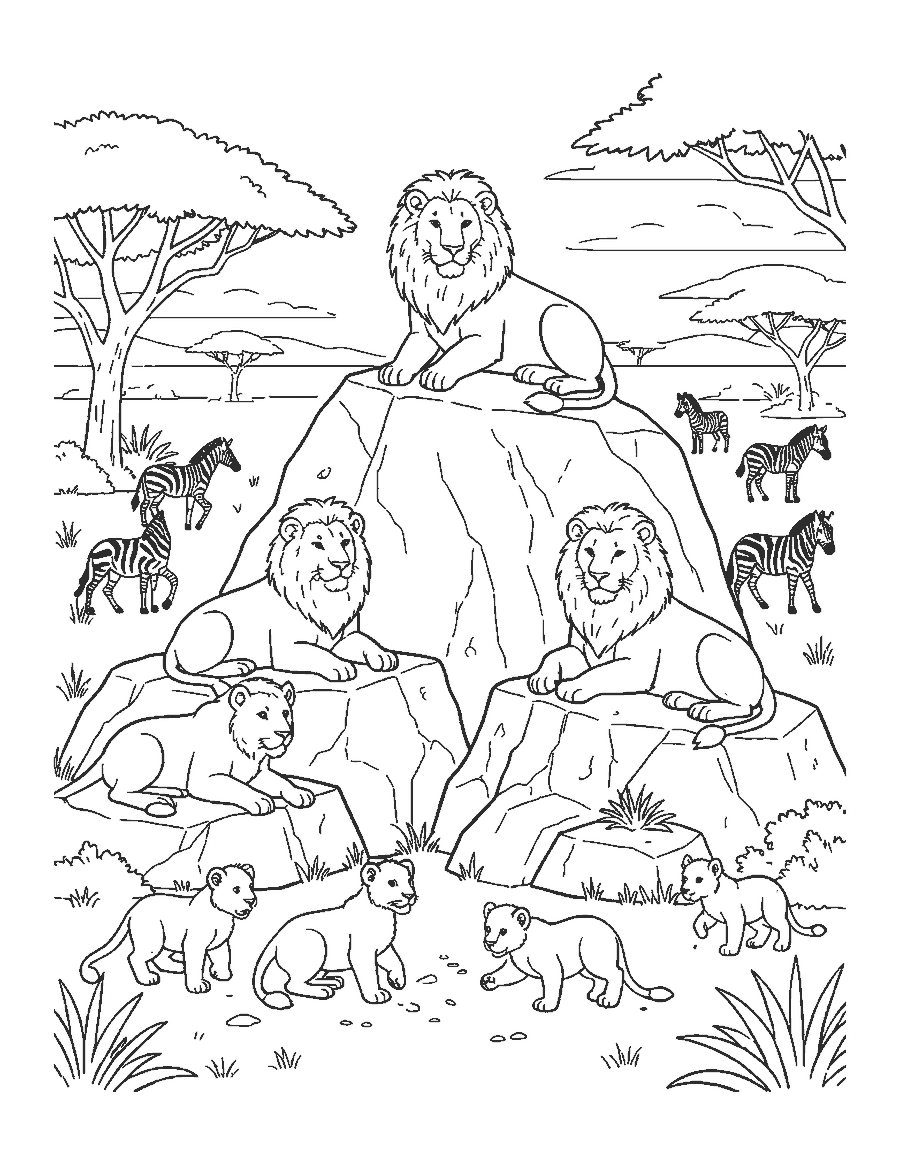 Line drawing of a pride of lions resting on a rocky outcrop with acacias and zebras behind