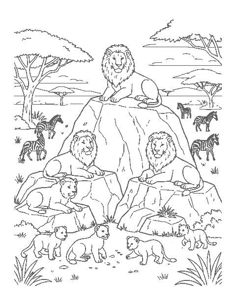 Line drawing of a pride of lions resting on a rocky outcrop with acacias and zebras behind