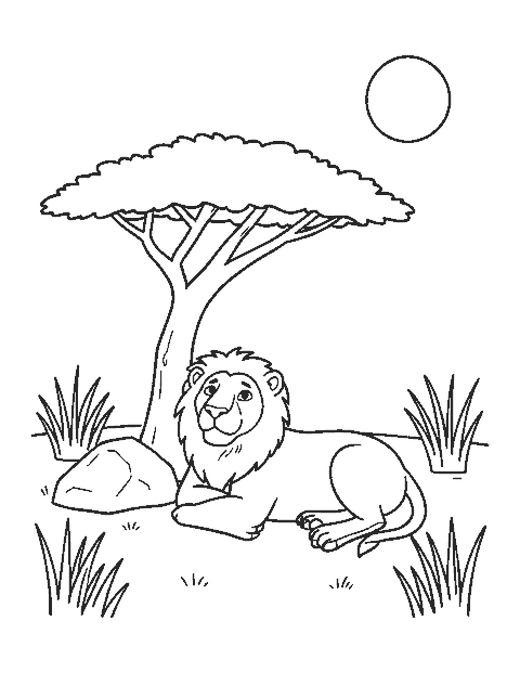 Line drawing of a lion resting in the shade of a flat-topped acacia tree