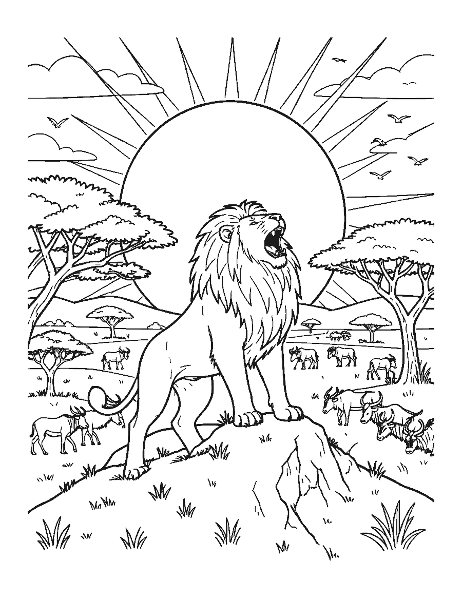 Line drawing of a lion roaring on a hilltop in front of a big rising sun over the savanna