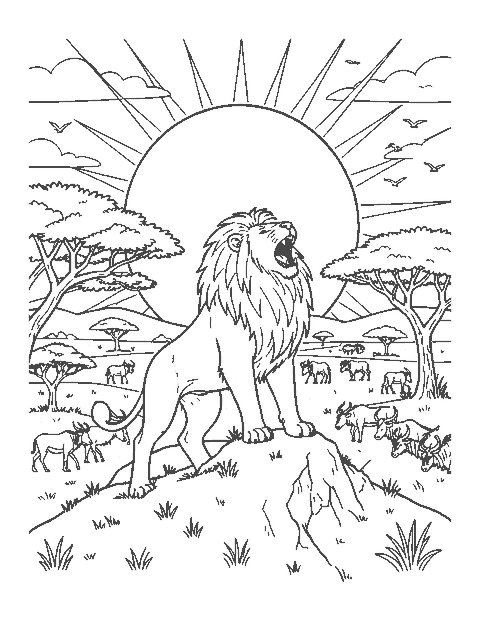 Line drawing of a lion roaring on a hilltop in front of a big rising sun over the savanna