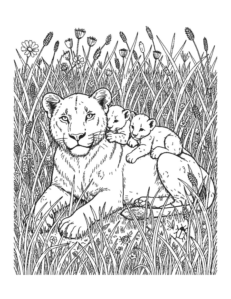 Line drawing of a lioness lying in tall grass with three cubs climbing on her