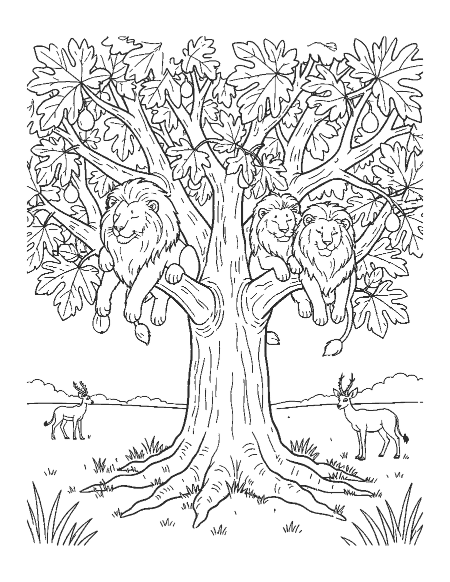 Line drawing of four lions napping on the branches of a large fig tree