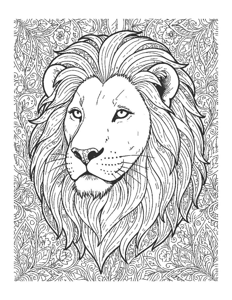 Line drawing of a realistic male lion with a thick flowing mane and calm eyes
