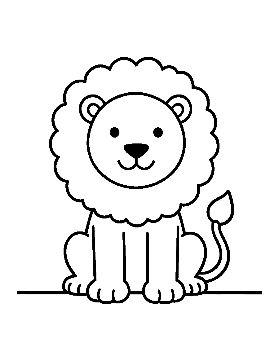 Line drawing of a smiling lion sitting with a big round fluffy mane