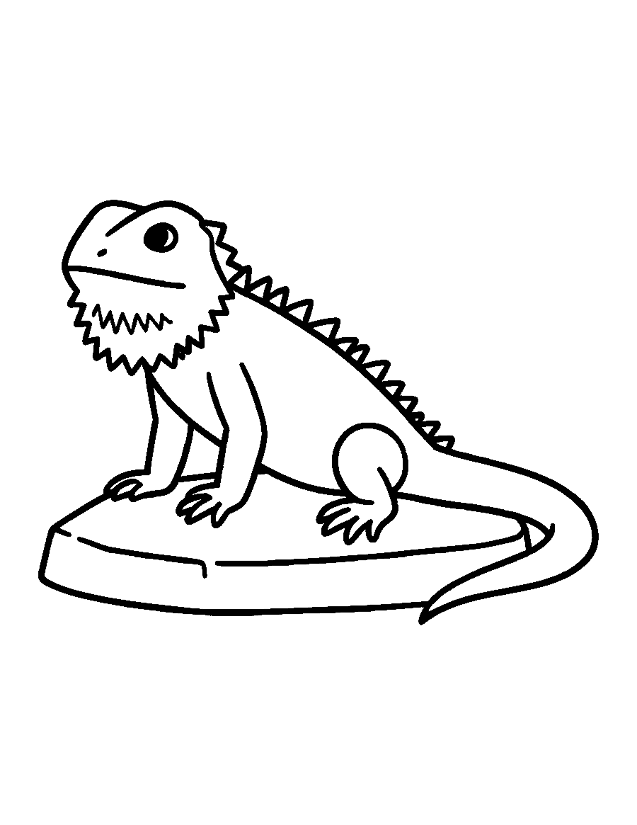 Line drawing of a spiky bearded dragon lizard sitting on a flat rock