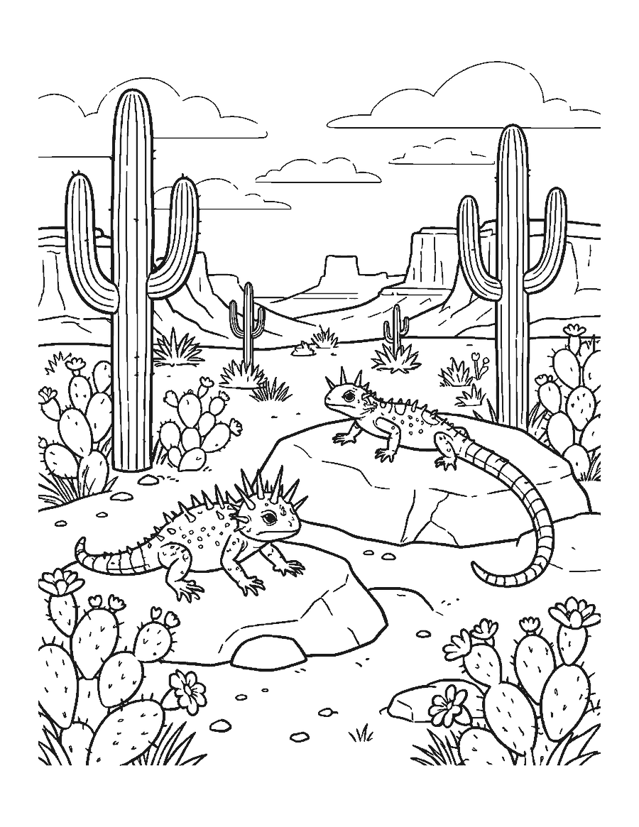 Line drawing of a horned lizard and a collared lizard among desert cacti and rocks