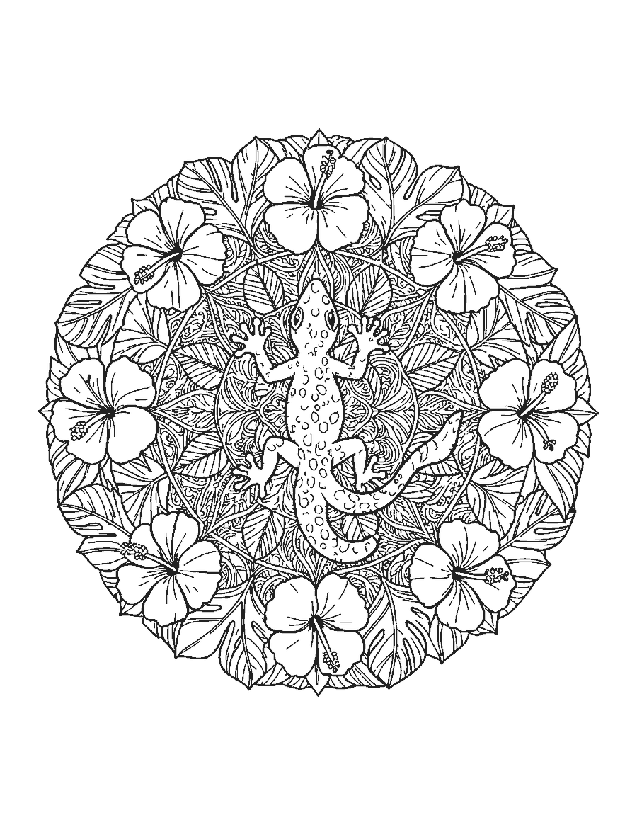 Line drawing of a gecko curled at the center of a mandala of tropical leaves