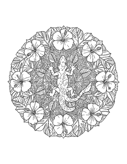 Line drawing of a gecko curled at the center of a mandala of tropical leaves