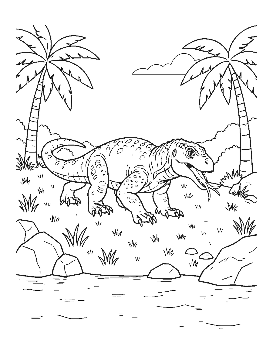 Line drawing of a Komodo dragon with a forked tongue walking on a grassy island hillside