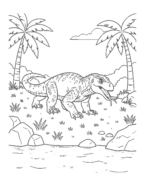 Line drawing of a Komodo dragon with a forked tongue walking on a grassy island hillside