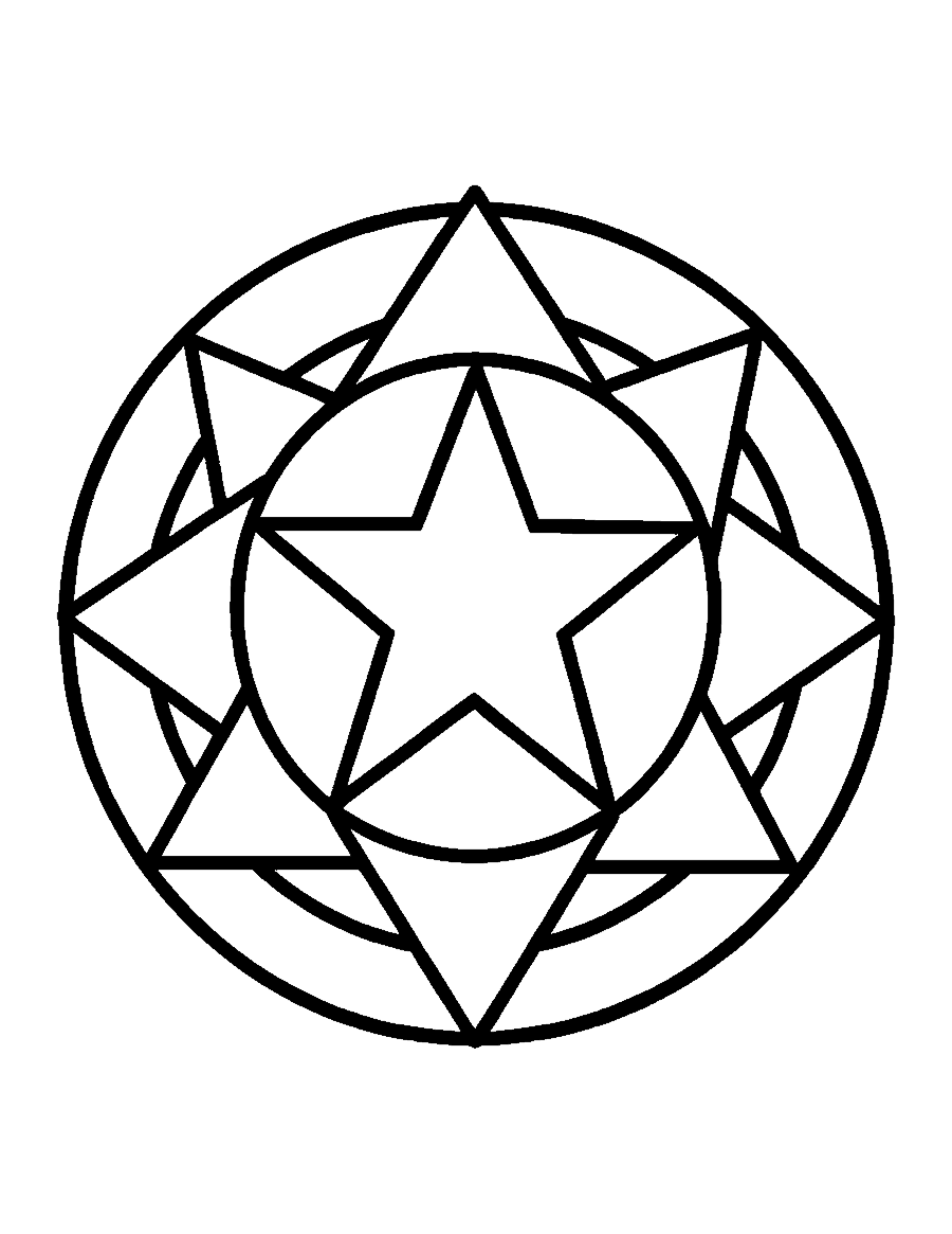 Line drawing of a bold mandala with a big star center and two rings of large triangles