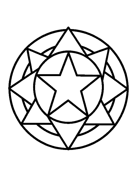 Line drawing of a bold mandala with a big star center and two rings of large triangles