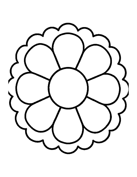 Line drawing of a simple mandala with eight big petals and a ring of large scallops