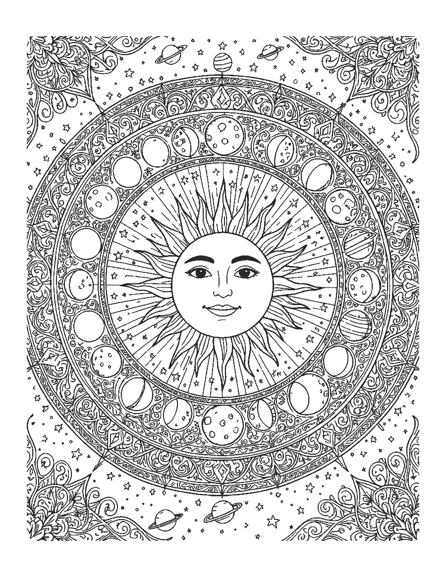 Line drawing of a mandala with a sun face center and rings of moon phases and stars