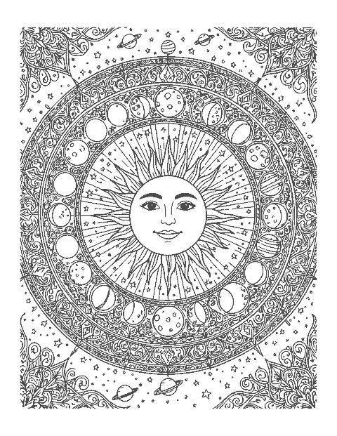 Line drawing of a mandala with a sun face center and rings of moon phases and stars
