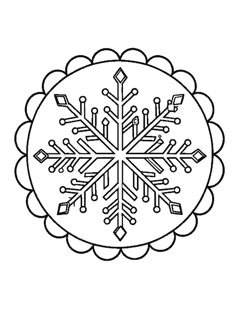 Line drawing of a six-pointed snowflake mandala with diamonds along its branching arms